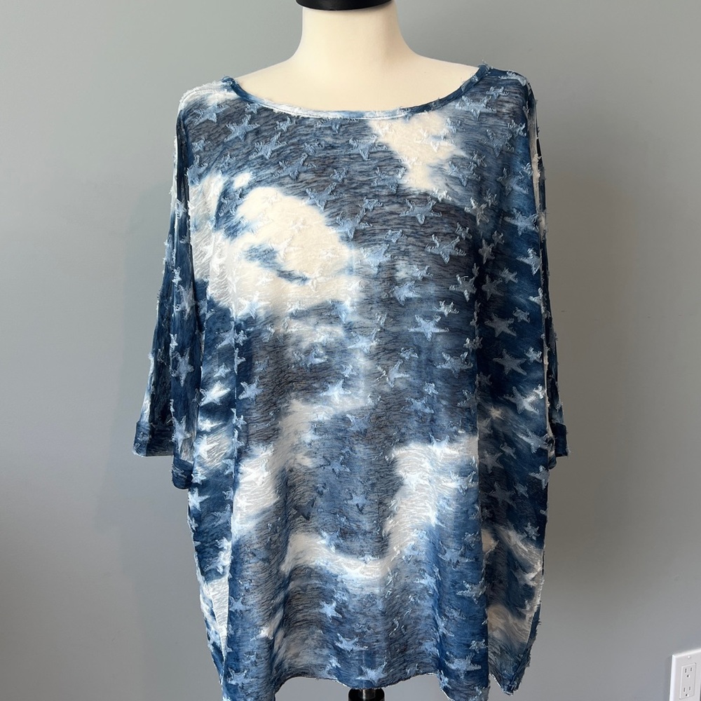 Soft Surroundings Deconstructed Star Mesh Blue Tie Dye Top Cover Up